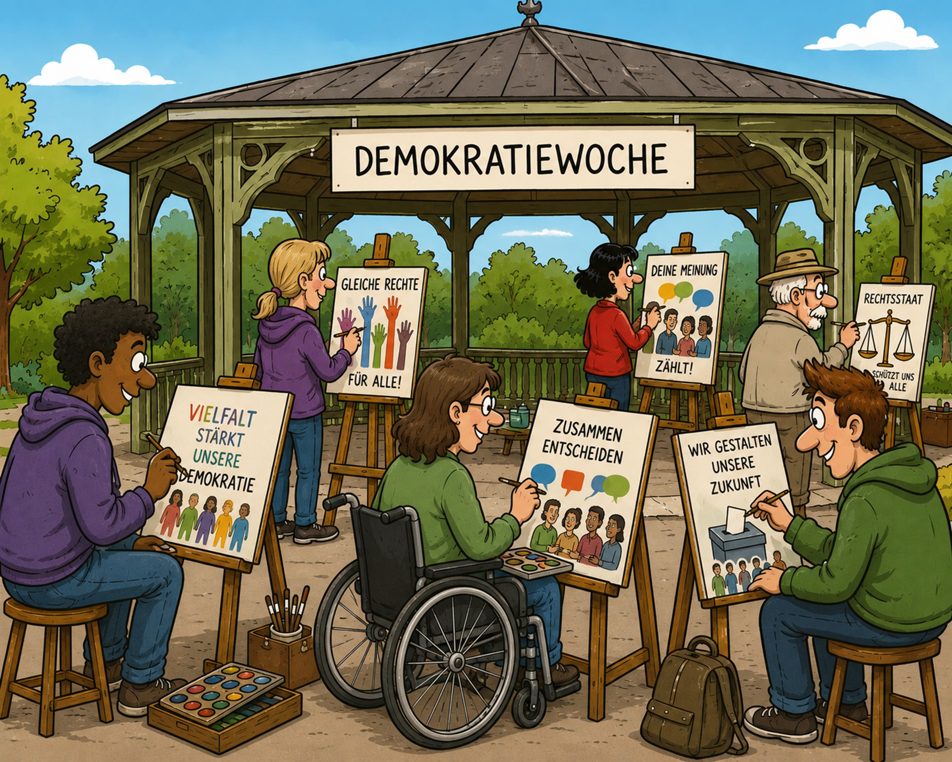 Illustration zur Demokratiewoche: Mehrere Menschen gestalten in einem Pavillon Plakate zu demokratischen Werten wie Vielfalt, gleiche Rechte, Meinungsfreiheit, Mitbestimmung, Rechtsstaatlichkeit und gemeinsamer Zukunftsgestaltung. Eine Person im Rollstuhl arbeitet ebenfalls an einem Plakat. Über dem Pavillon hängt ein Schild mit der Aufschrift „Demokratiewoche“.