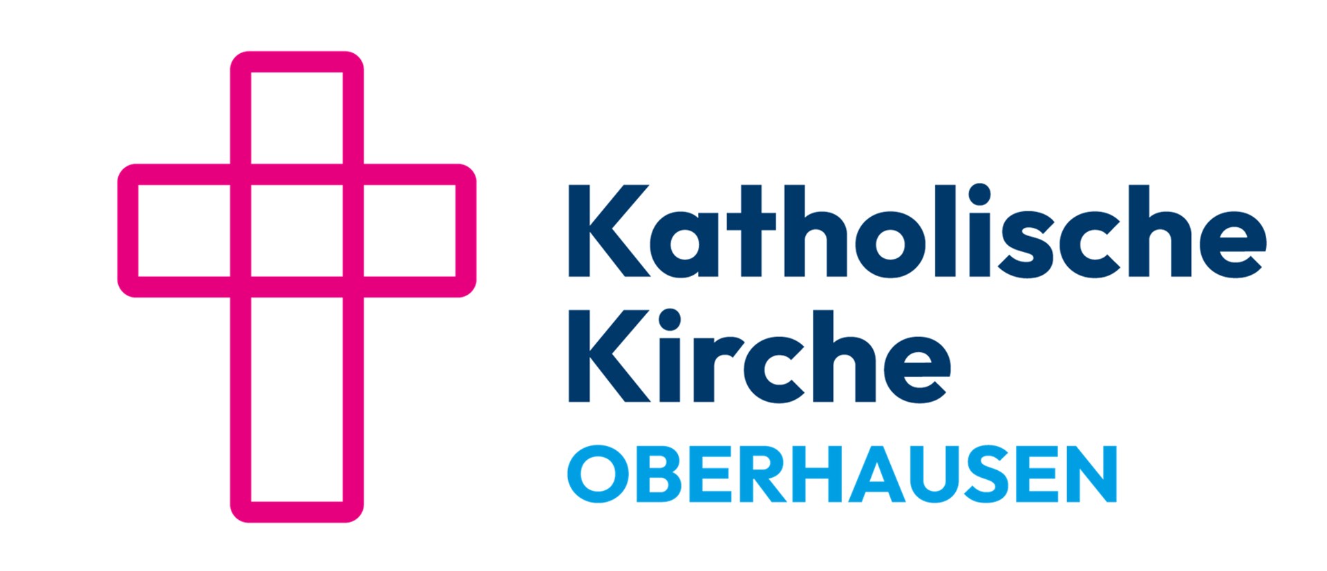 Logo der katholischen Stadtpfarrei Oberhausen mit dem pinken Umriss eines Kreuzes und rechts daneben dem Schriftzug "Katholische Kirche" in dunkelblau und etwas kleiner darunter, in hellblau "Oberhausen".