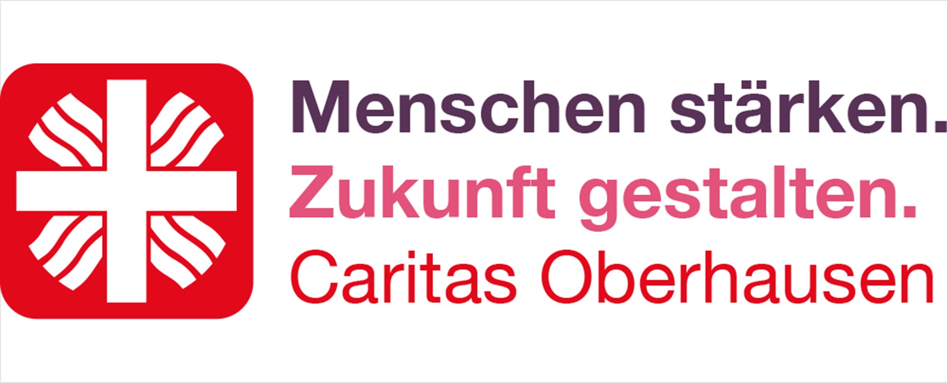 Flammenkreuz-Logo der Caritas und daneben der Slogan "Menschen stärken. Zukunft gestalten. Caritas Oberhausen" in violett, rosa und rot.