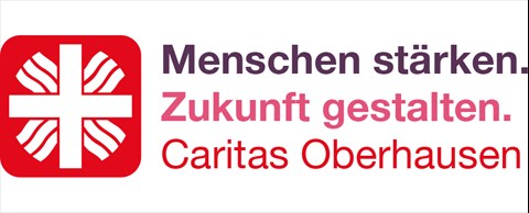 Flammenkreuz-Logo der Caritas und daneben der Slogan "Menschen stärken. Zukunft gestalten. Caritas Oberhausen" in violett, rosa und rot.