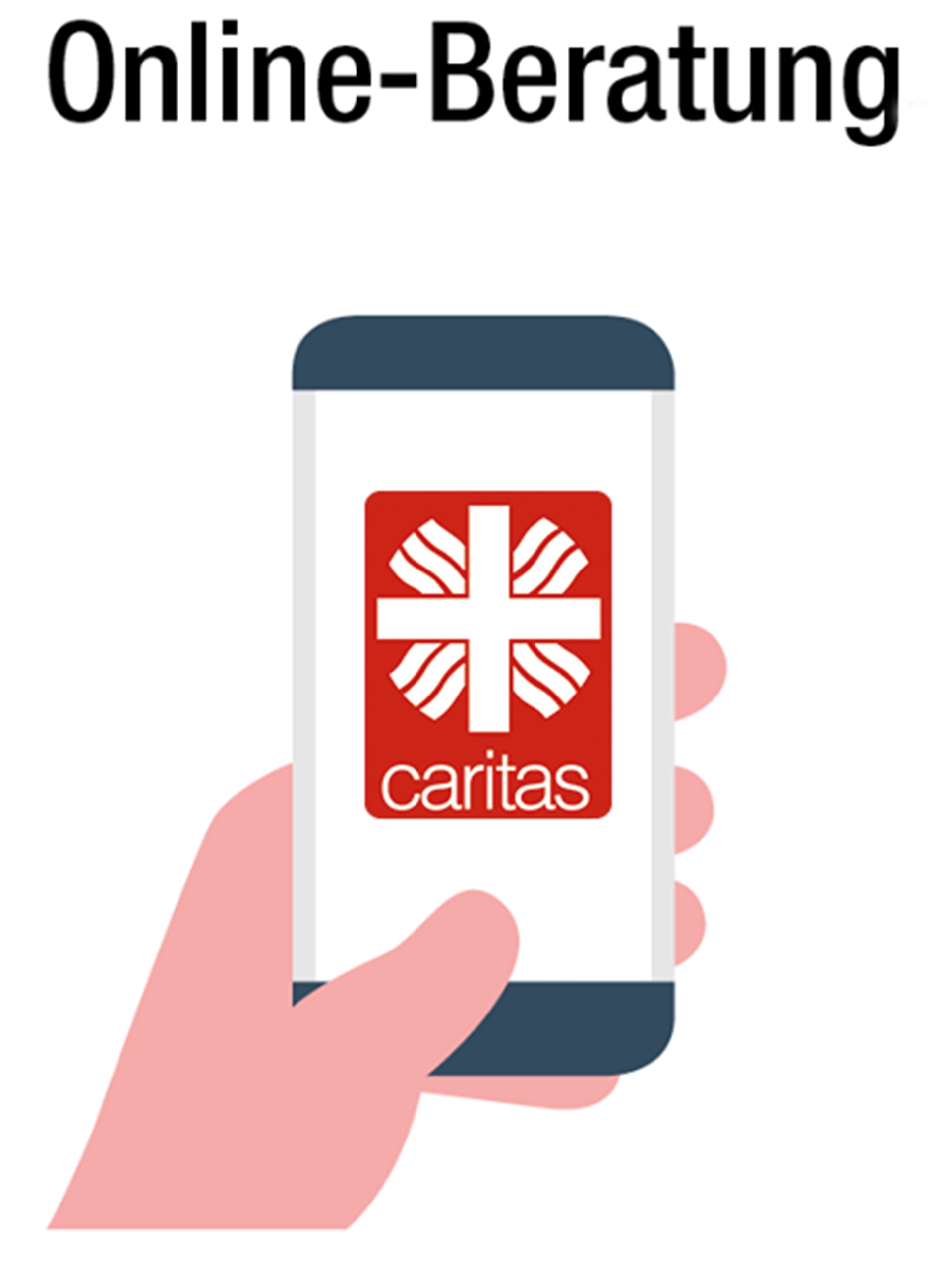 Eine Hand hält ein Smartphone mit Caritas-Logo hoch