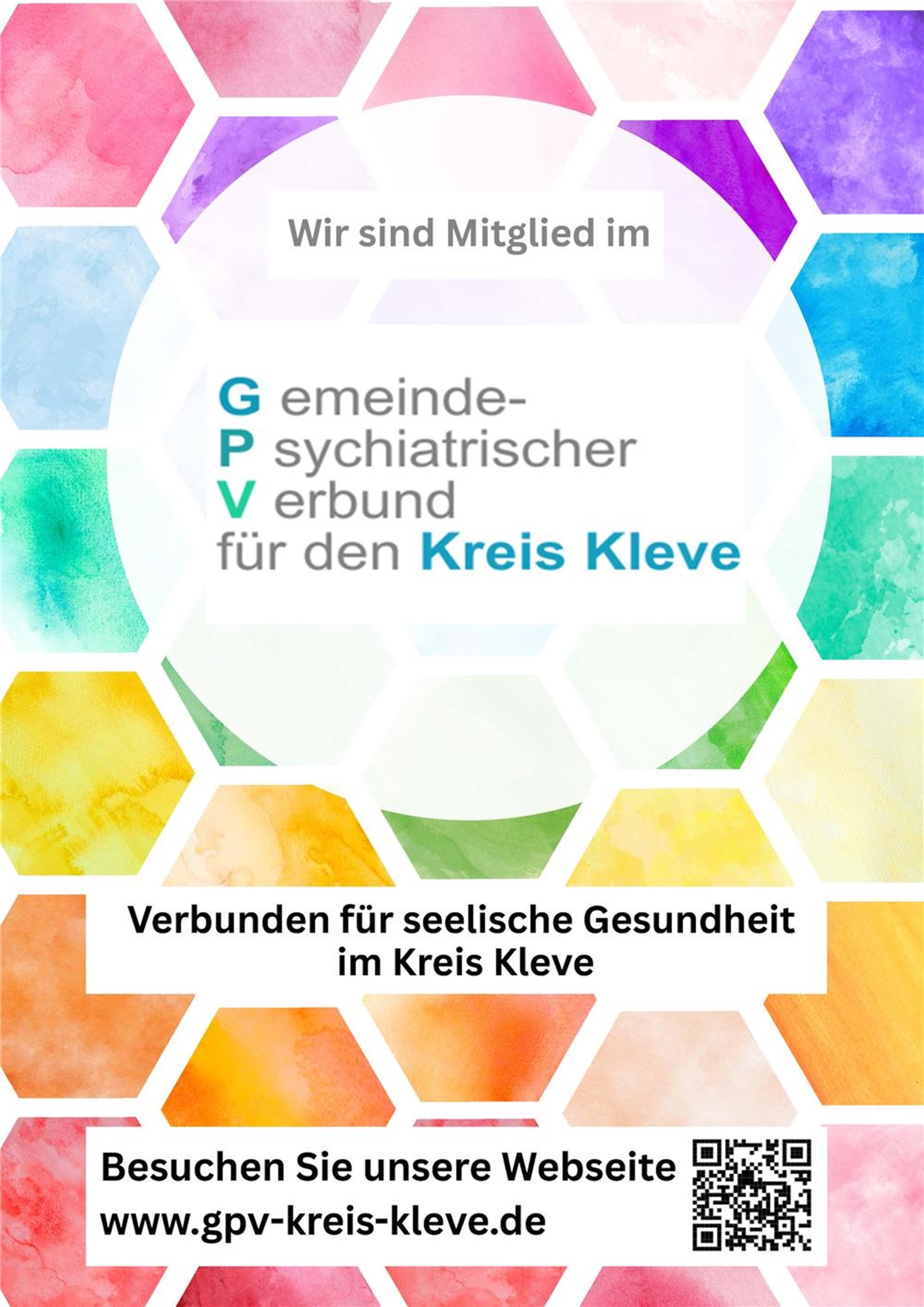 Farbiges Plakat mit der Schrift "Wir sind Mitglied im Gemeinde-Psychatrischen Verbund für den Kreis Kleve 
